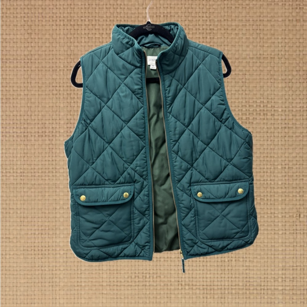 J. Crew Factory Green Quilted Vest with Gold Accents